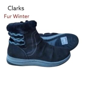 Clarks Fur Winter Breeze Cozy Cloudstepper Black Ankle Boot Bootie Shoe Women 7